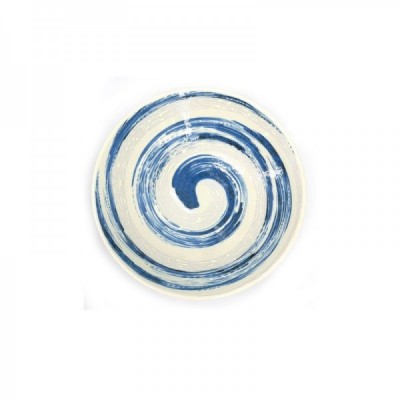 蓝色漩涡图案白色盘子，尺寸为25.6*3.5厘米。