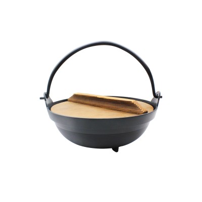 18厘米的铸铁日式锅，带有木质盖子，适用于烧烤火锅。